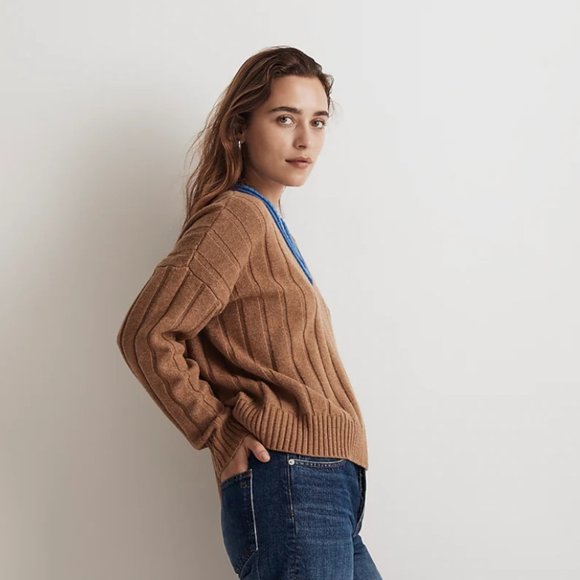 NWT Madewell Tipped V-Neck Oversized Sweater small brown heather caramel - Picture 4 of 6